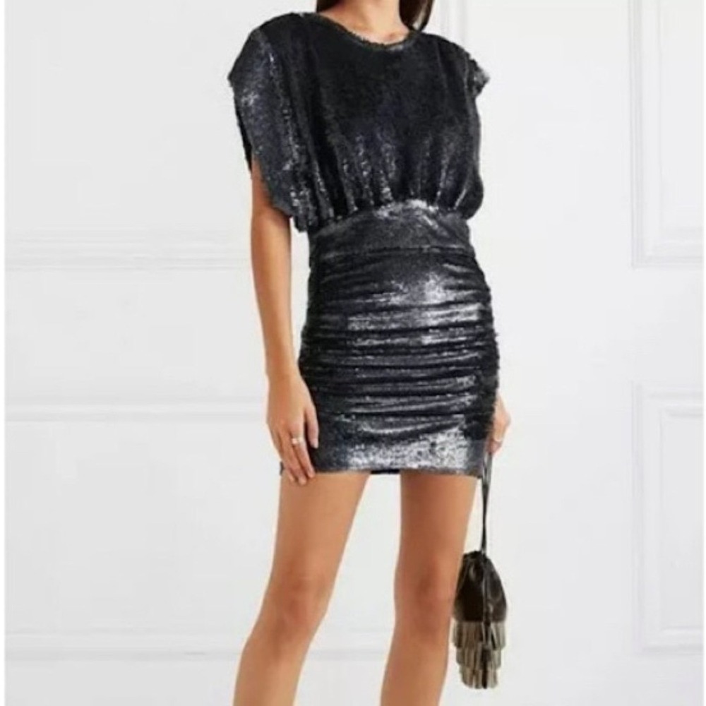 IRO Miracle Sequin Dress Womens 36/4 Black Ruched Anthracite Cocktail Designer